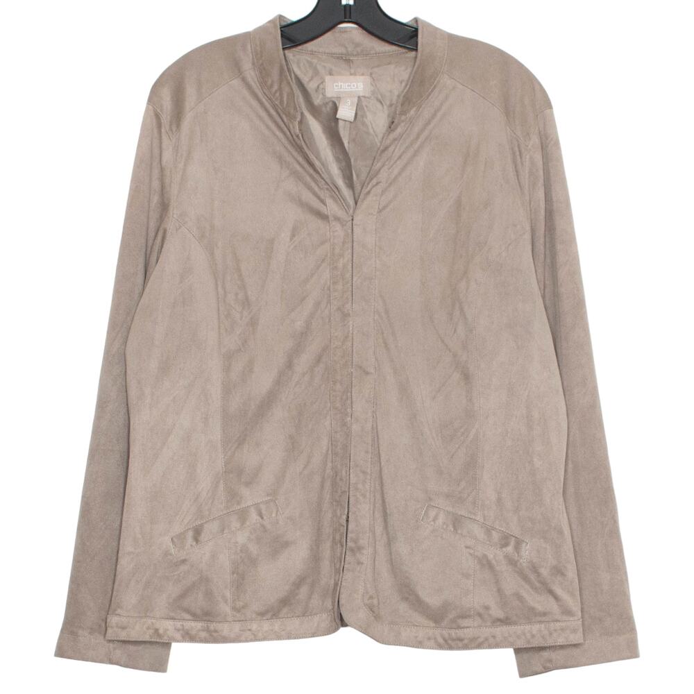 Chicos Womens Jacket Faux Suede Hook Eye Closure Brown Size 3 XL 16 LT